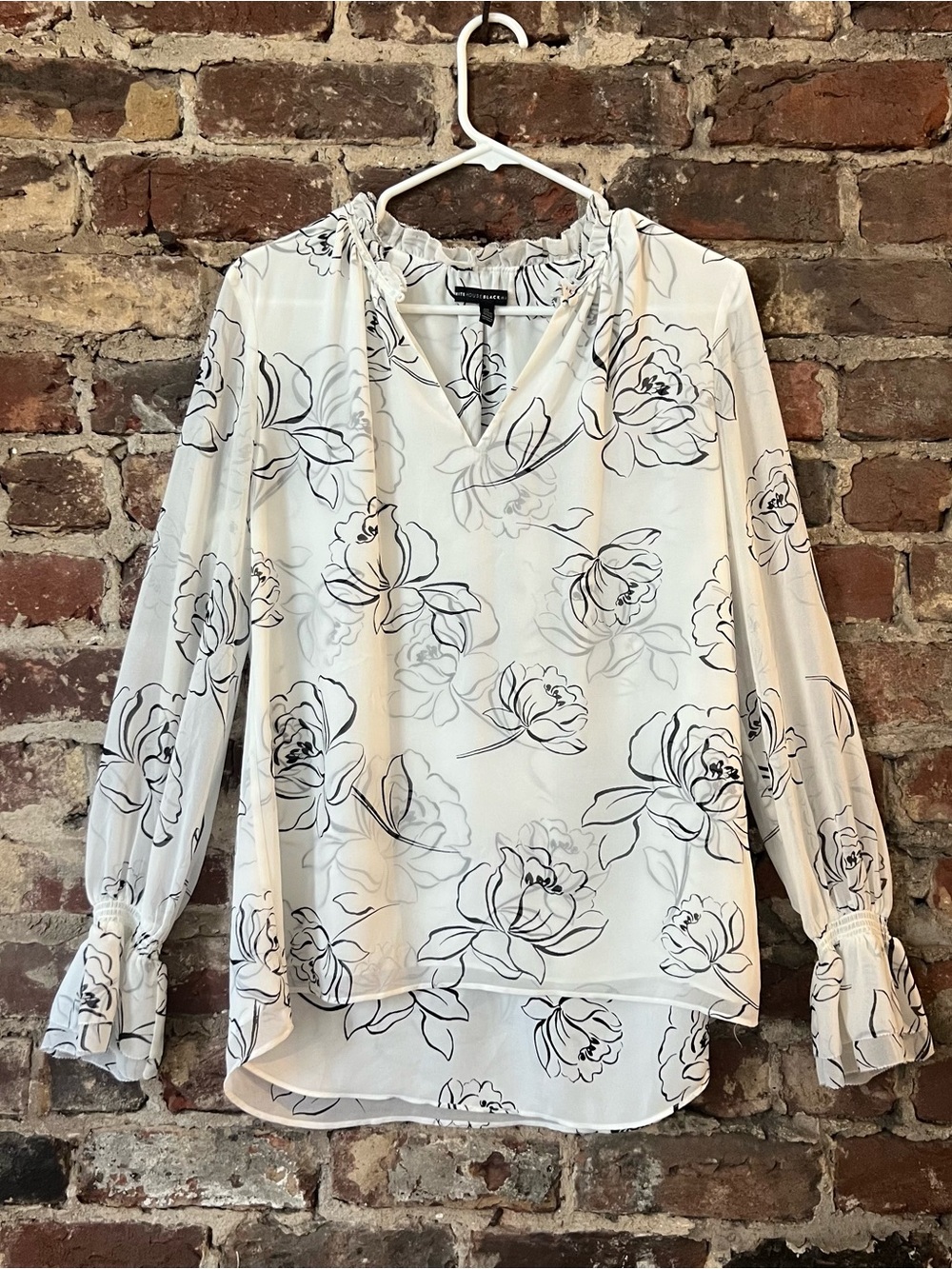 White House Black Market White Blouse with Black Floral Print